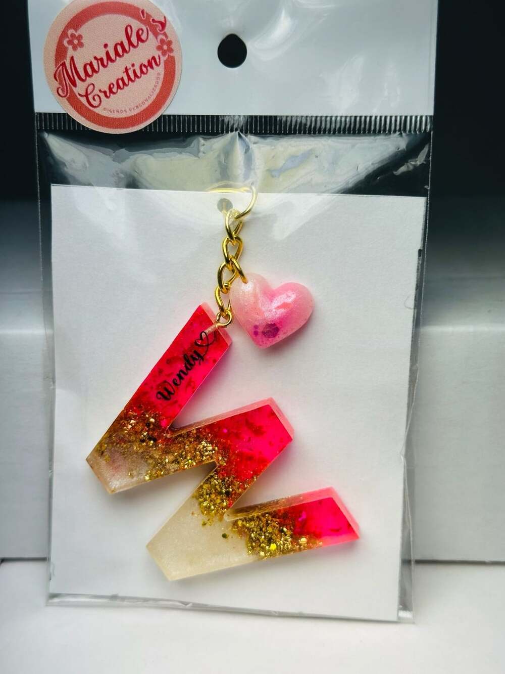 Handmade Resin Letter W Keychain with Gold Hardware and Heart Charm